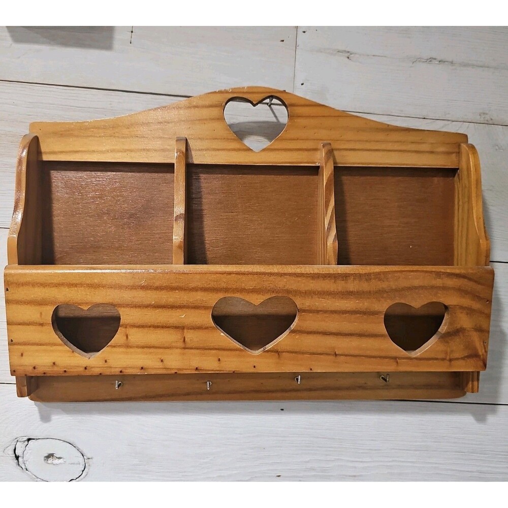 Vintage Wooden Heart Wall Hanging Mail Organizer & Key Holder - Country...